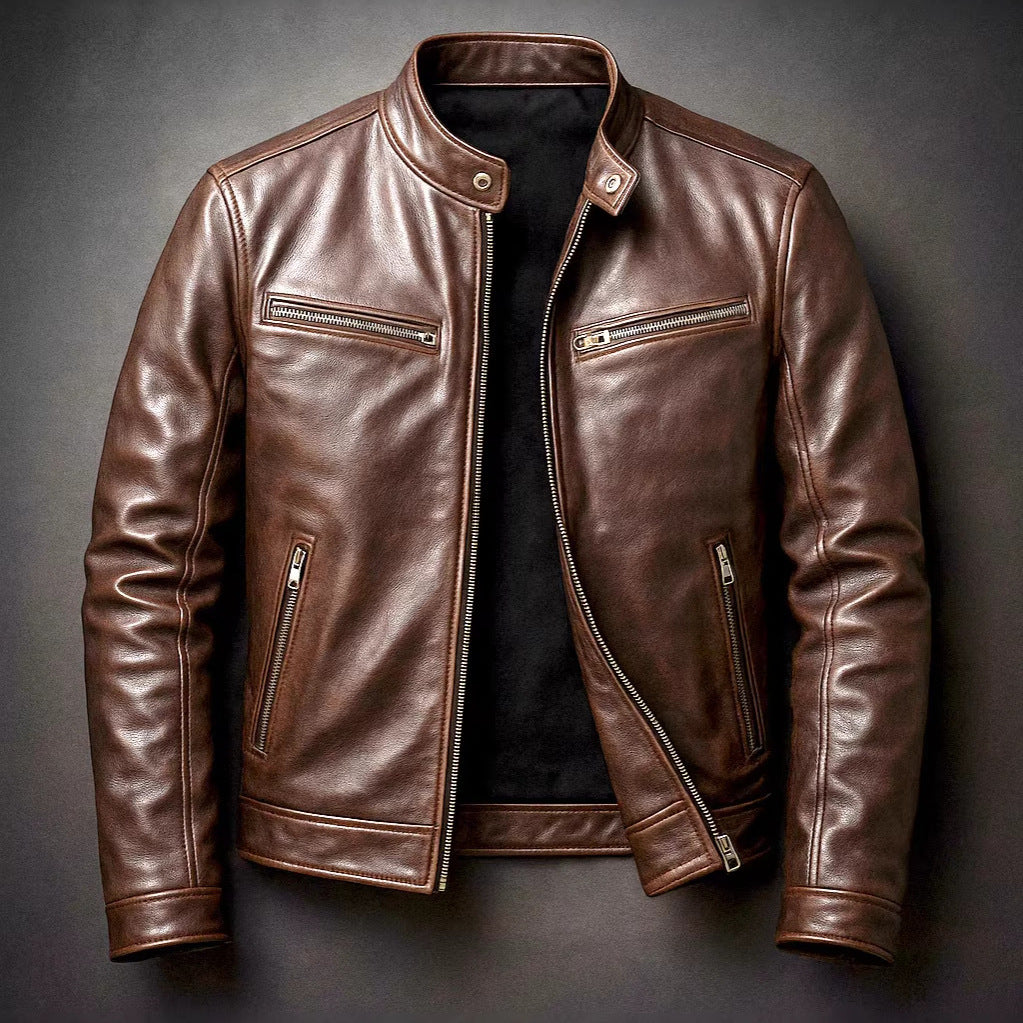 Men’s PU Leather Motorcycle Jacket – Stand Collar