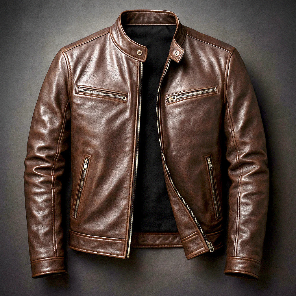 Men’s PU Leather Motorcycle Jacket – Stand Collar