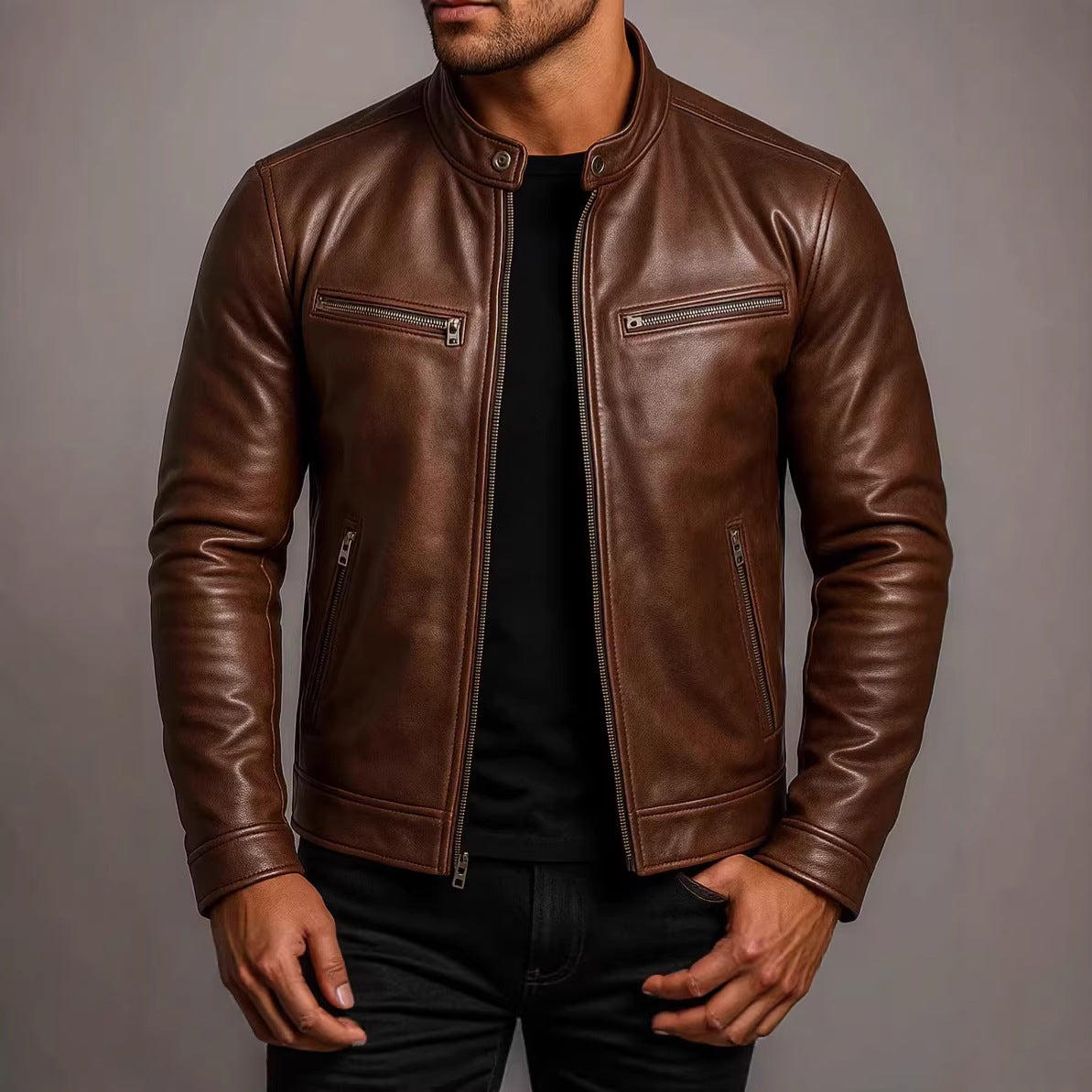 Men’s PU Leather Motorcycle Jacket – Stand Collar