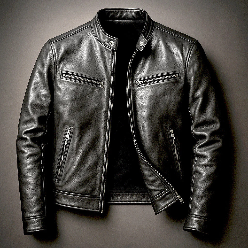 Men’s PU Leather Motorcycle Jacket – Stand Collar